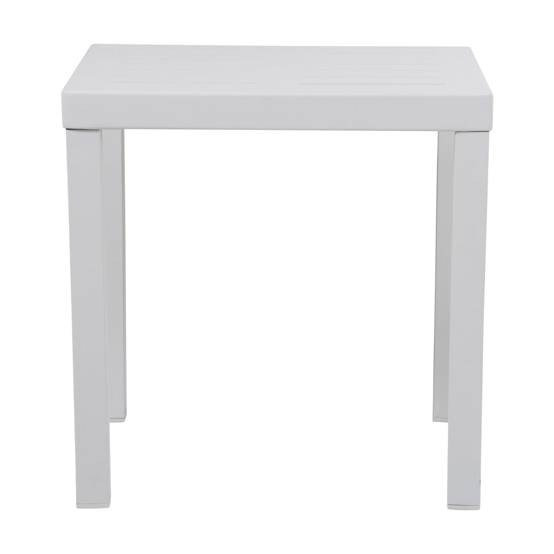 Brafab Belfort sidebord i hvit aluminium, kvadratisk plate og rette ben, sett forfra mot hvit bakgrunn