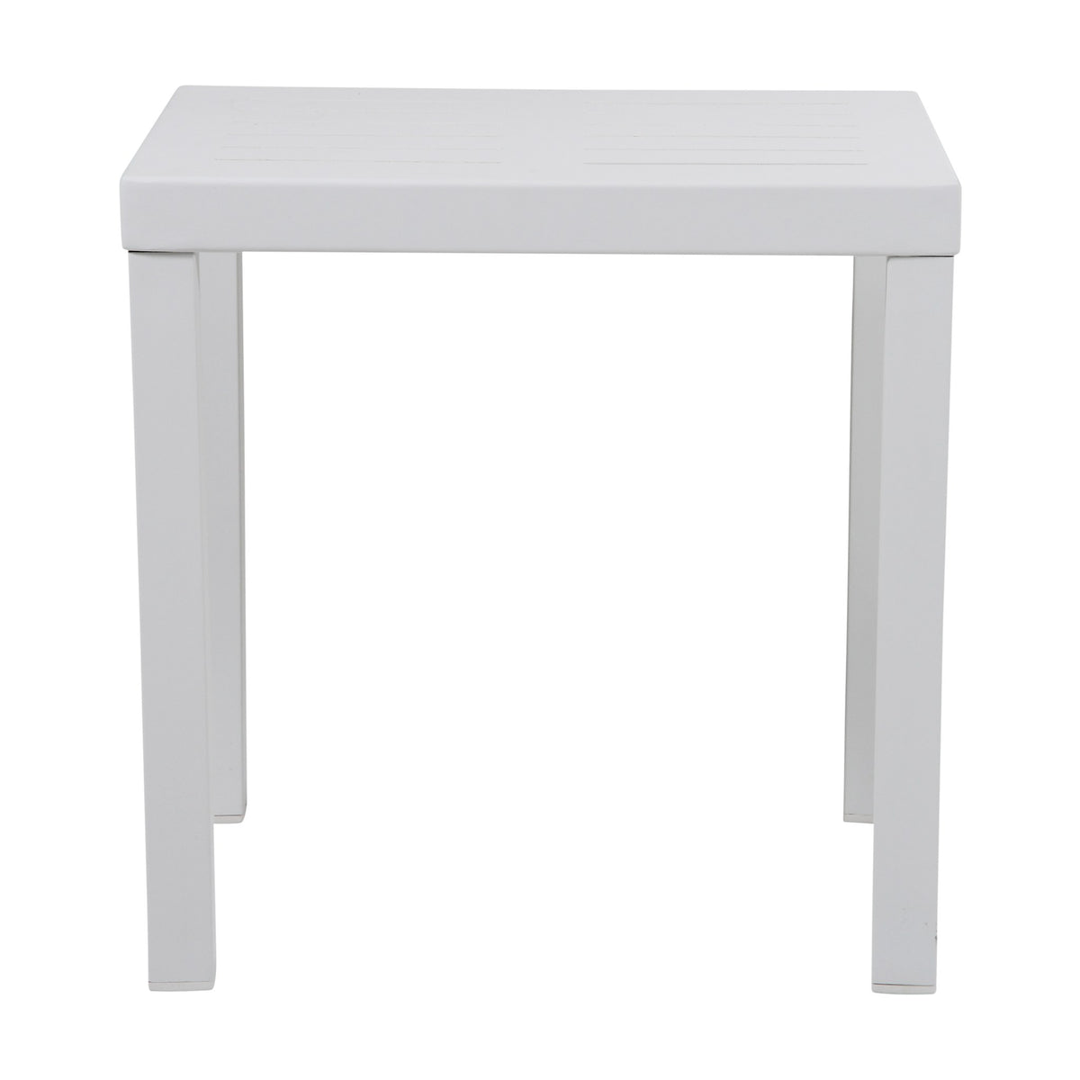 Brafab Belfort sidebord i hvit aluminium, kvadratisk plate og rette ben, sett forfra mot hvit bakgrunn
