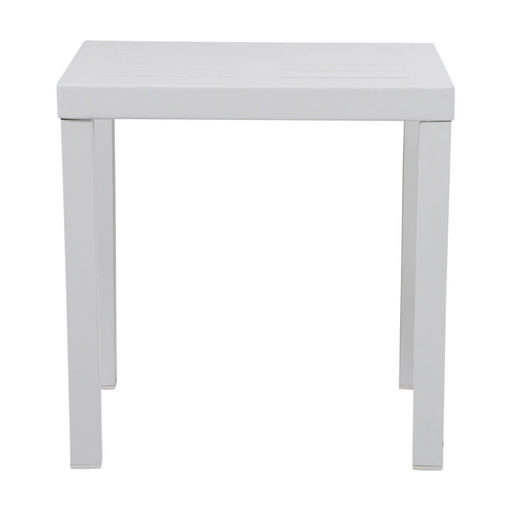 Brafab Belfort sidebord i hvit aluminium, kvadratisk plate og rette ben, sett forfra mot hvit bakgrunn