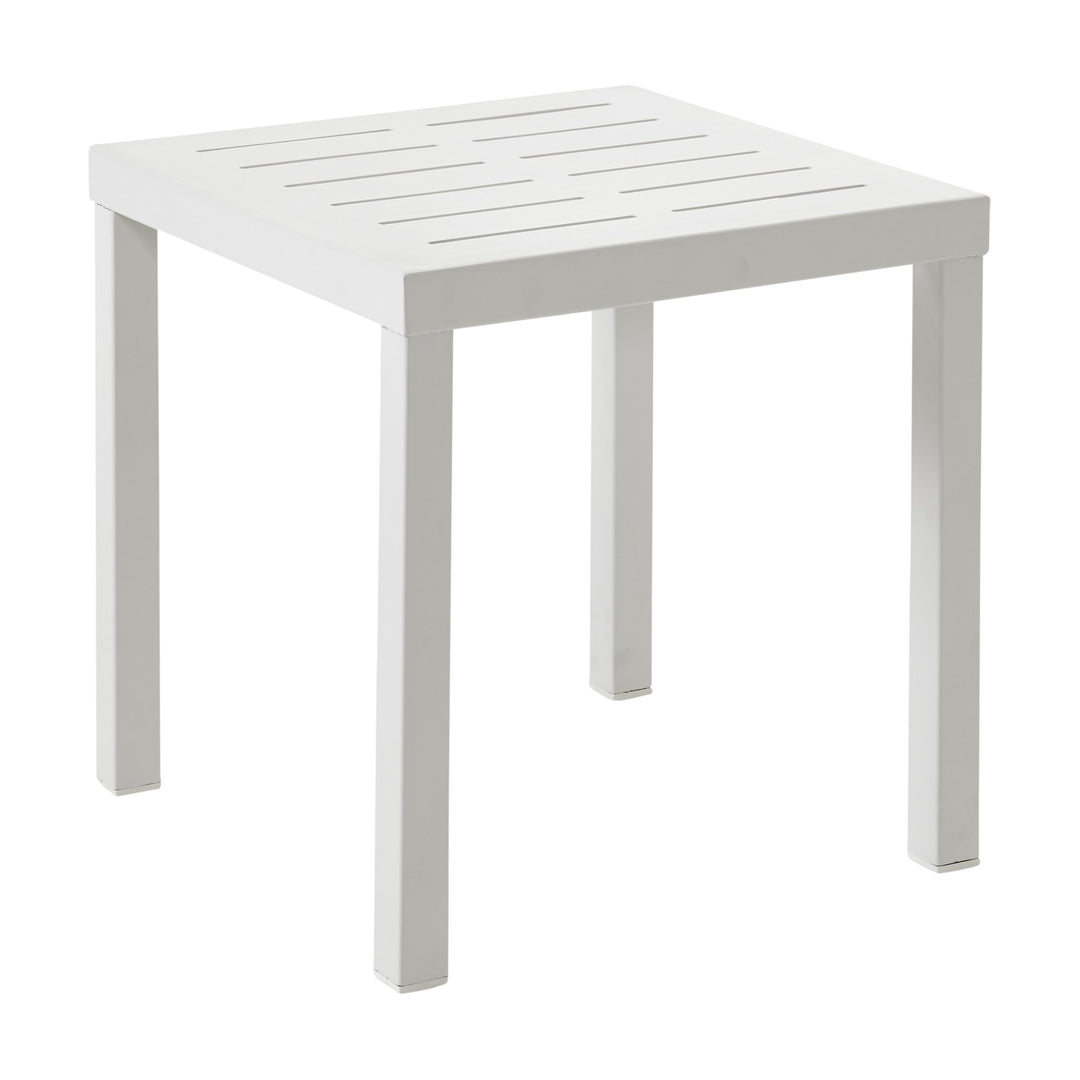 Brafab Belfort sidebord i hvit aluminium med spaltet plate, sett skrått ovenfra mot hvit bakgrunn