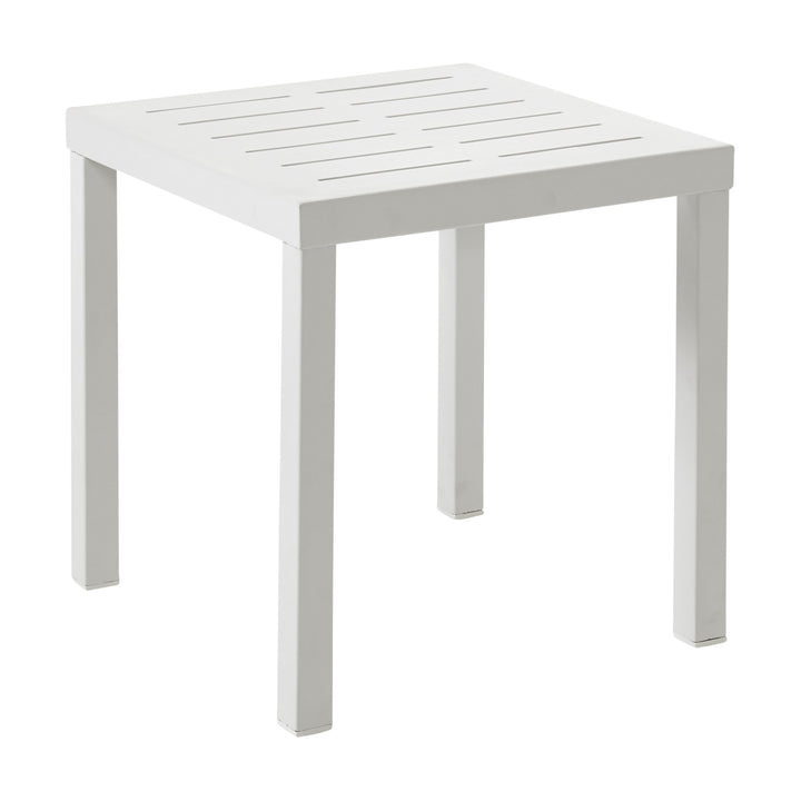 Brafab Belfort sidebord i hvit aluminium med spaltet plate, sett skrått ovenfra mot hvit bakgrunn
