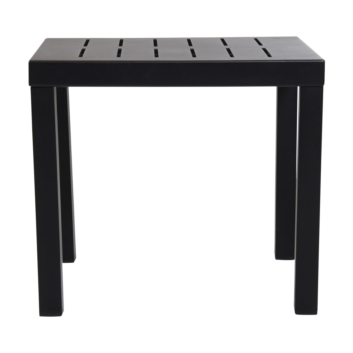 Brafab Belfort sidebord i sort aluminium, kvadratisk plate og rette ben, sett forfra mot hvit bakgrunn