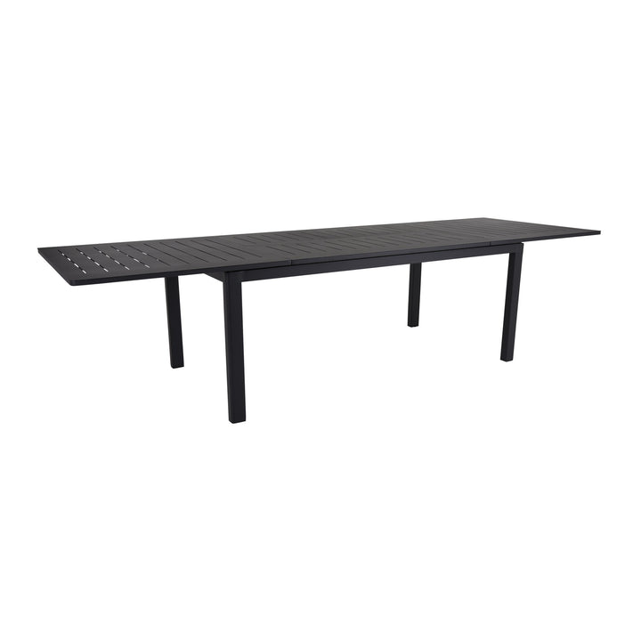 Brafab Lomma spisebord i sort aluminium, uttrukket til full lengde, hvit bakgrunn