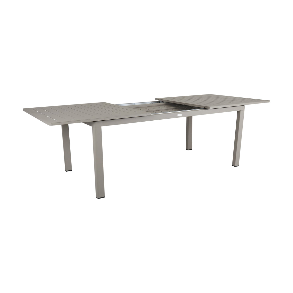 Brafab Lomma spisebord i khaki aluminium, uttrekkbart med åpen forlengelse, hvit bakgrunn