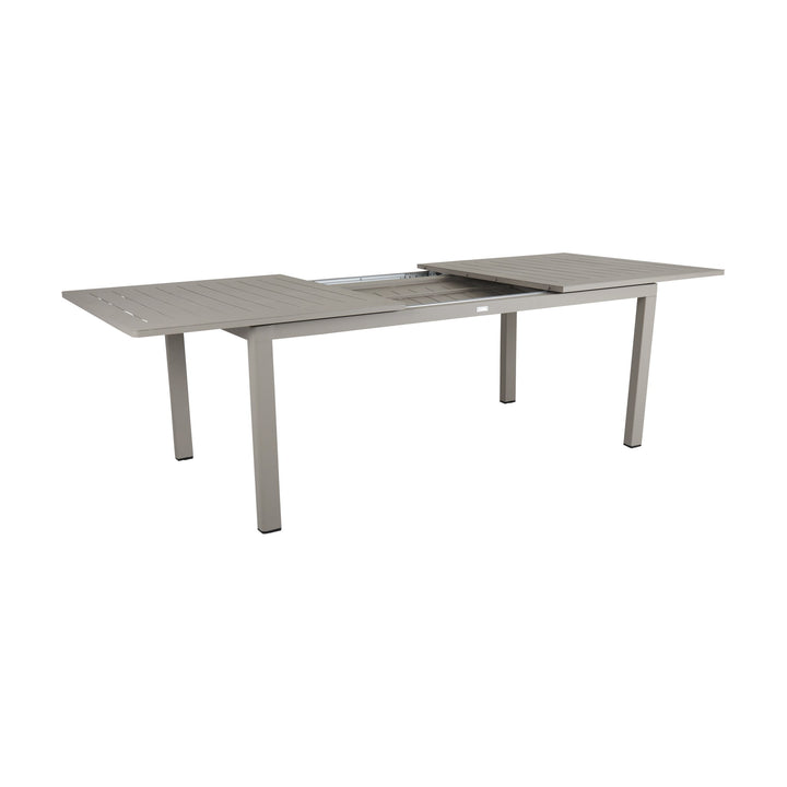 Brafab Lomma spisebord i khaki aluminium, uttrekkbart med åpen forlengelse, hvit bakgrunn