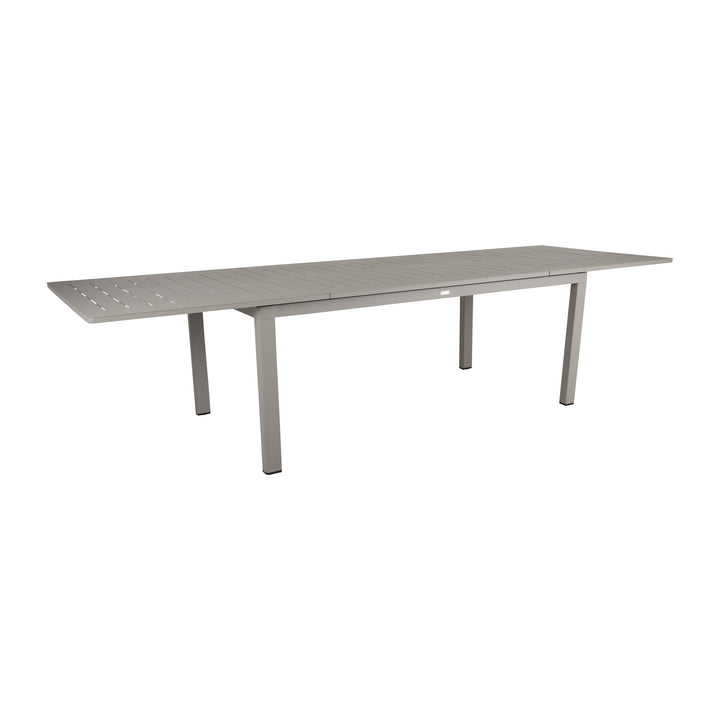 Brafab Lomma spisebord i khaki aluminium, uttrukket til full lengde, hvit bakgrunn