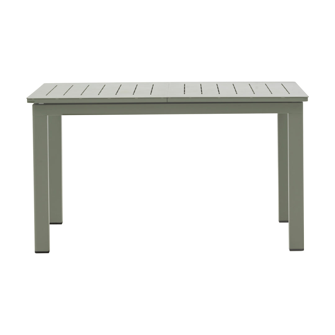 Lomma spisebord i støvet grønn aluminium med spileplate og firkantede ben, uttrekkbart