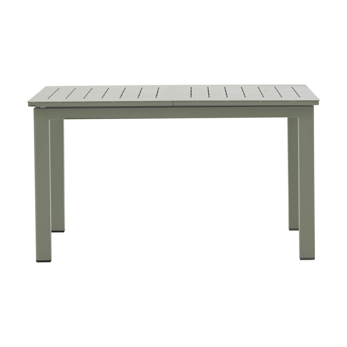 Lomma spisebord i støvet grønn aluminium med spileplate og firkantede ben, uttrekkbart