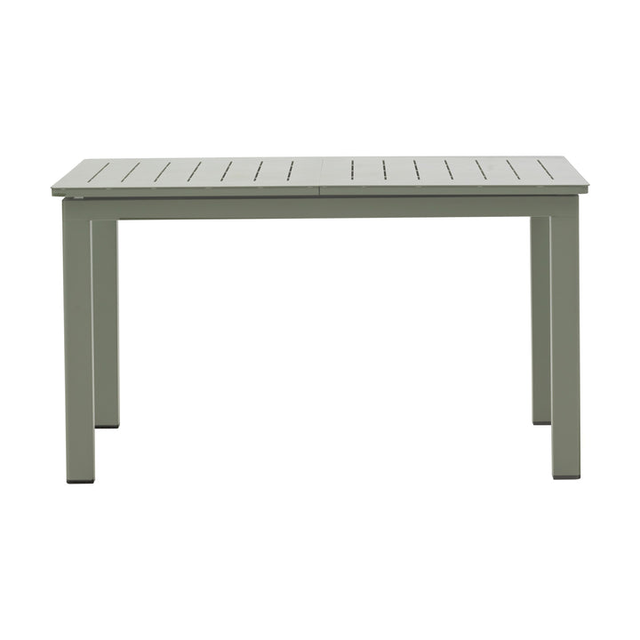 Lomma spisebord i støvet grønn aluminium med spileplate og firkantede ben, uttrekkbart