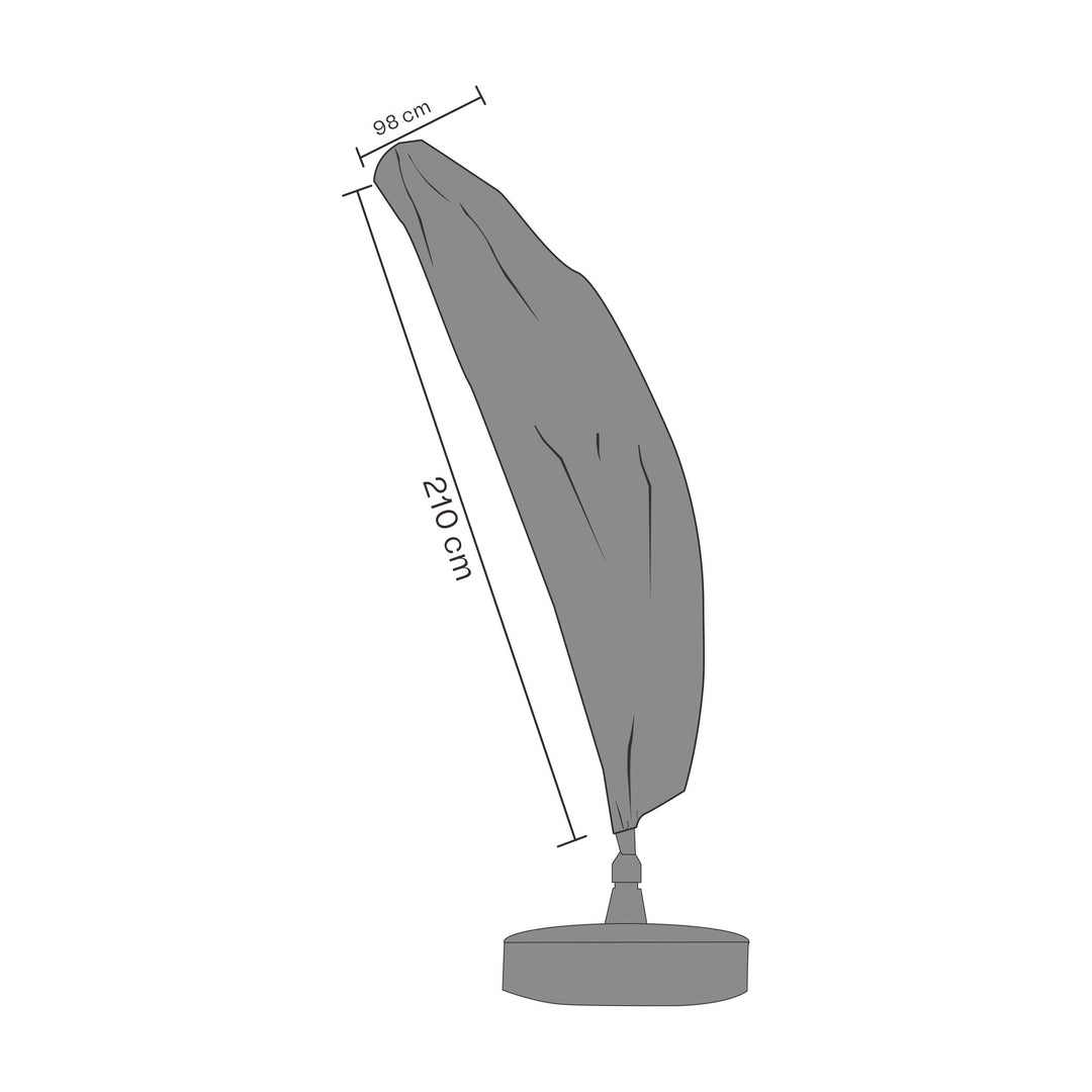 Brafab overtrekk til parasoll, måltegning av grått trekk med mål 98 x 210 cm på hvit bakgrunn