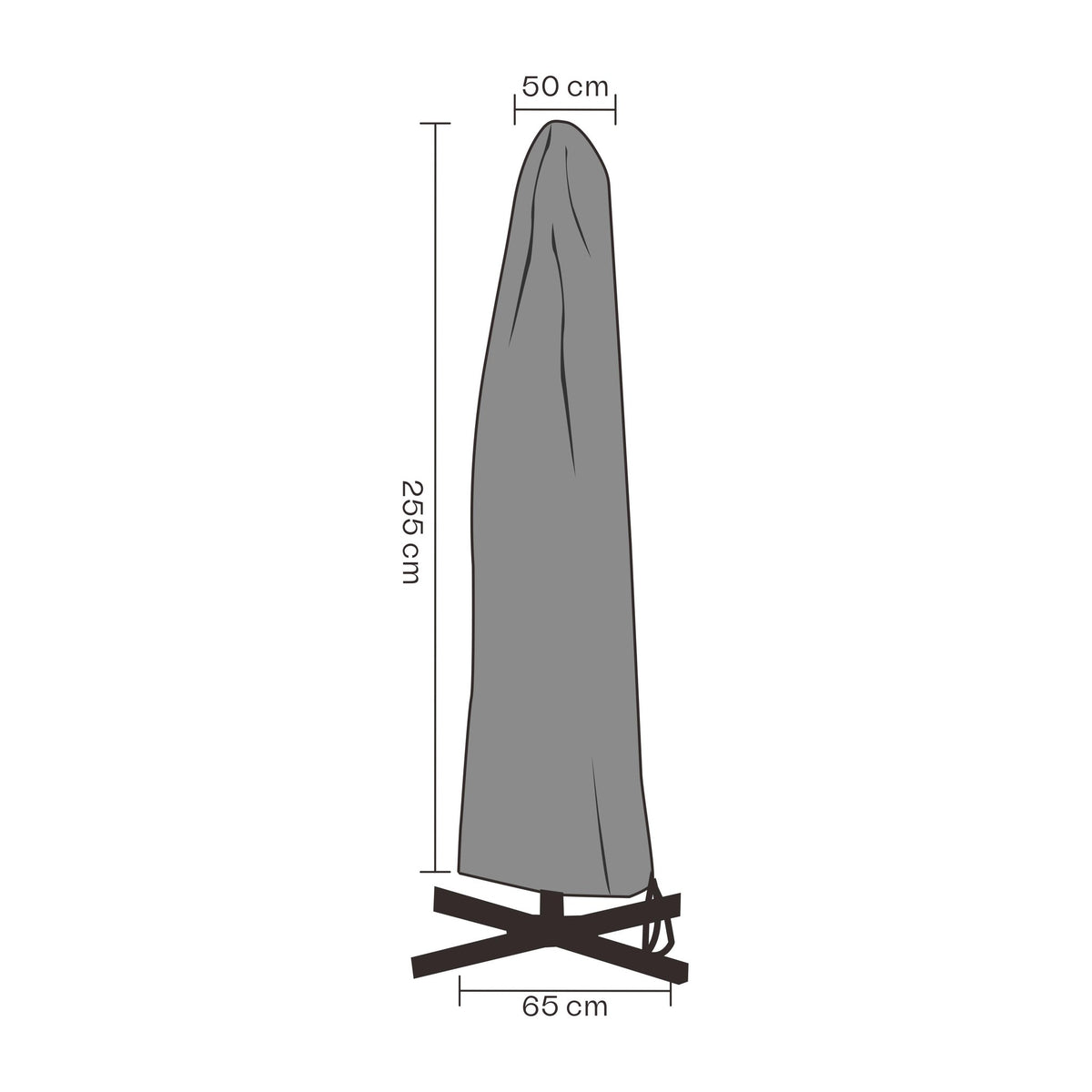Brafab overtrekk til parasoll, måltegning av grått trekk med mål 250 x 50/65 cm på hvit bakgrunn