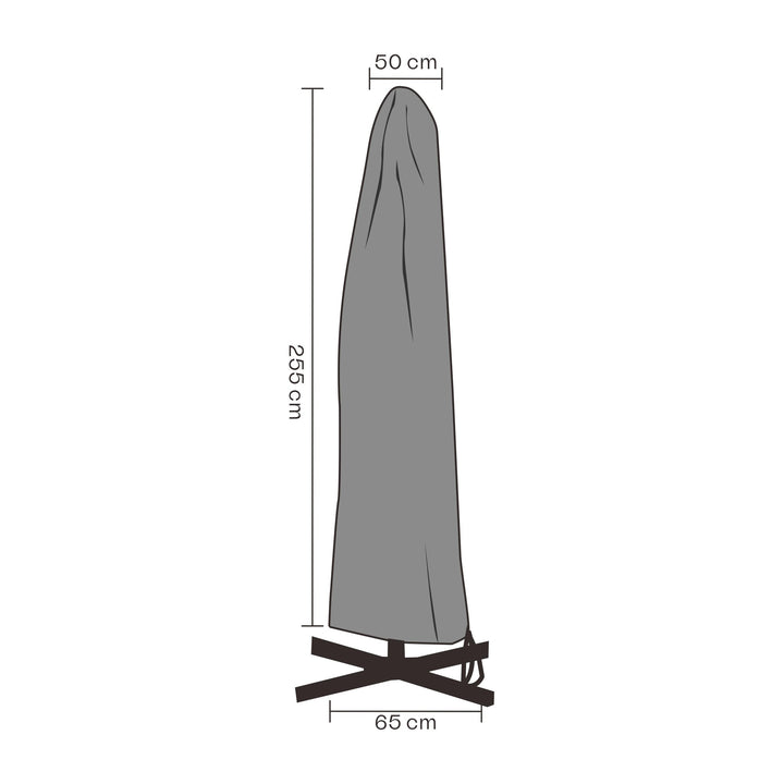 Brafab overtrekk til parasoll, måltegning av grått trekk med mål 250 x 50/65 cm på hvit bakgrunn