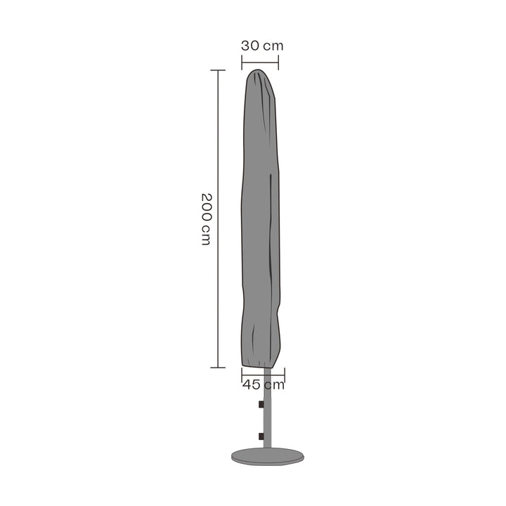 Brafab overtrekk til parasoll, måltegning av grått trekk med mål 200 x 30/45 cm på hvit bakgrunn