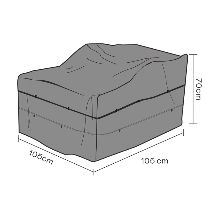 Brafab overtrekk til loungestol, måltegning av grått trekk med mål 105 x 105 x 70 cm