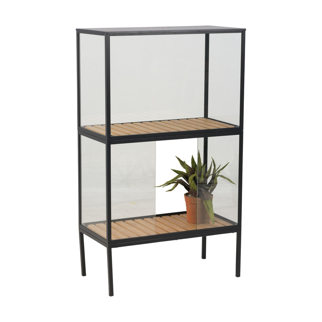 Brafab Grower Greens planteskap i sort, glassvitrine med trehyller og potteplante