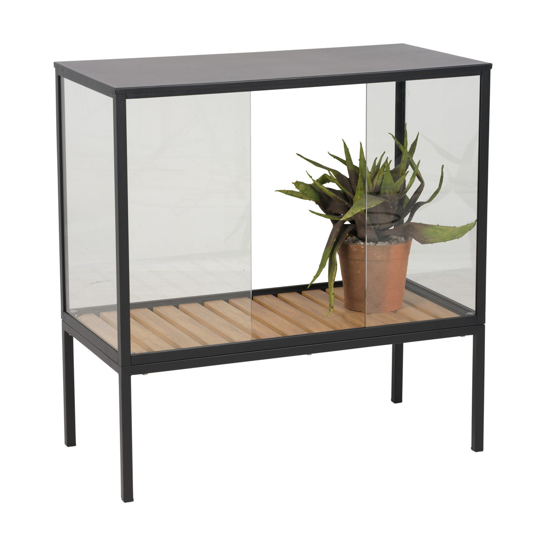 Brafab Grower Greens planteskap i sort, lav glassvitrine med trehylle og potteplante