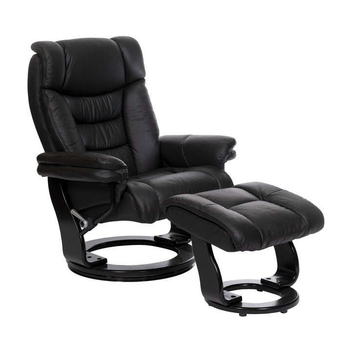 Hamburg lenestol i sort kunstskinn med fotskammel