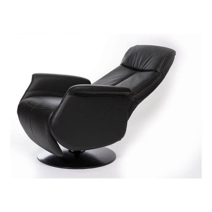 Kiel reclinerstol i sort hud/pvc, tilbakelent med svingbar rund sokkel mot hvit bakgrunn