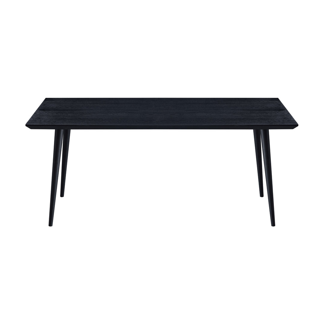 Trend spisebord i sort, 180 cm, med koniske ben sett forfra mot hvit bakgrunn