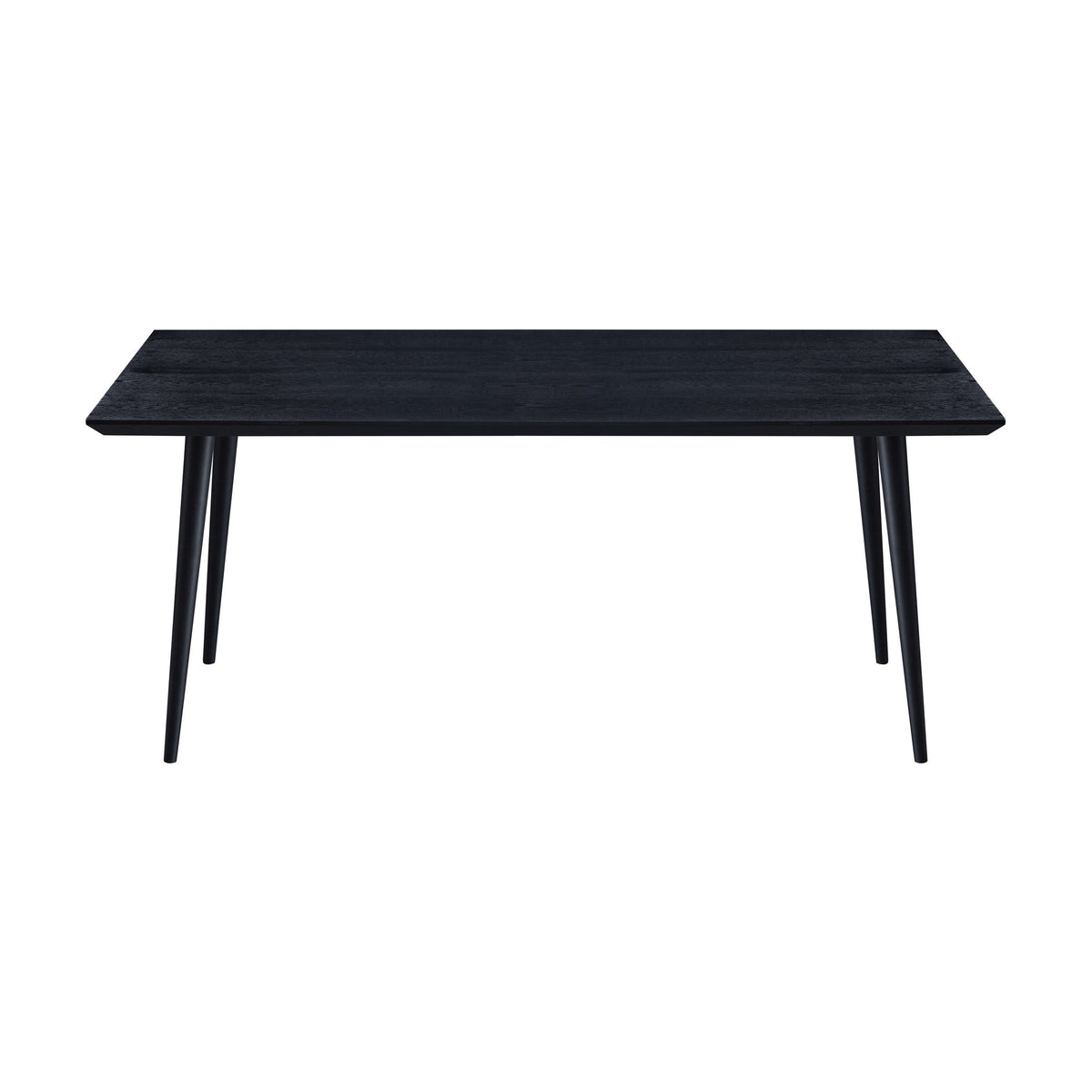 Trend spisebord i sort, 180 cm, med koniske ben sett forfra mot hvit bakgrunn