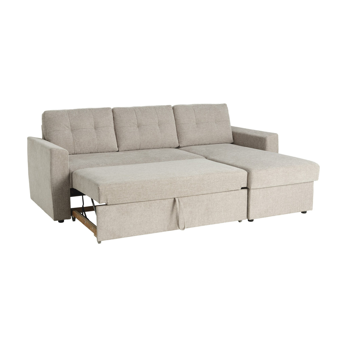 Diego sovesofa i beige med sjeselong, utdratt til seng, mot hvit bakgrunn