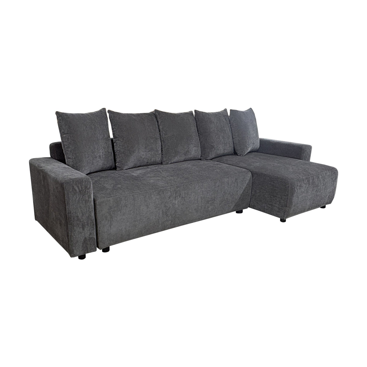 Cozy sovesofa i mørk grå chenille, hjørnesofa med sjeselong og ryggputer
