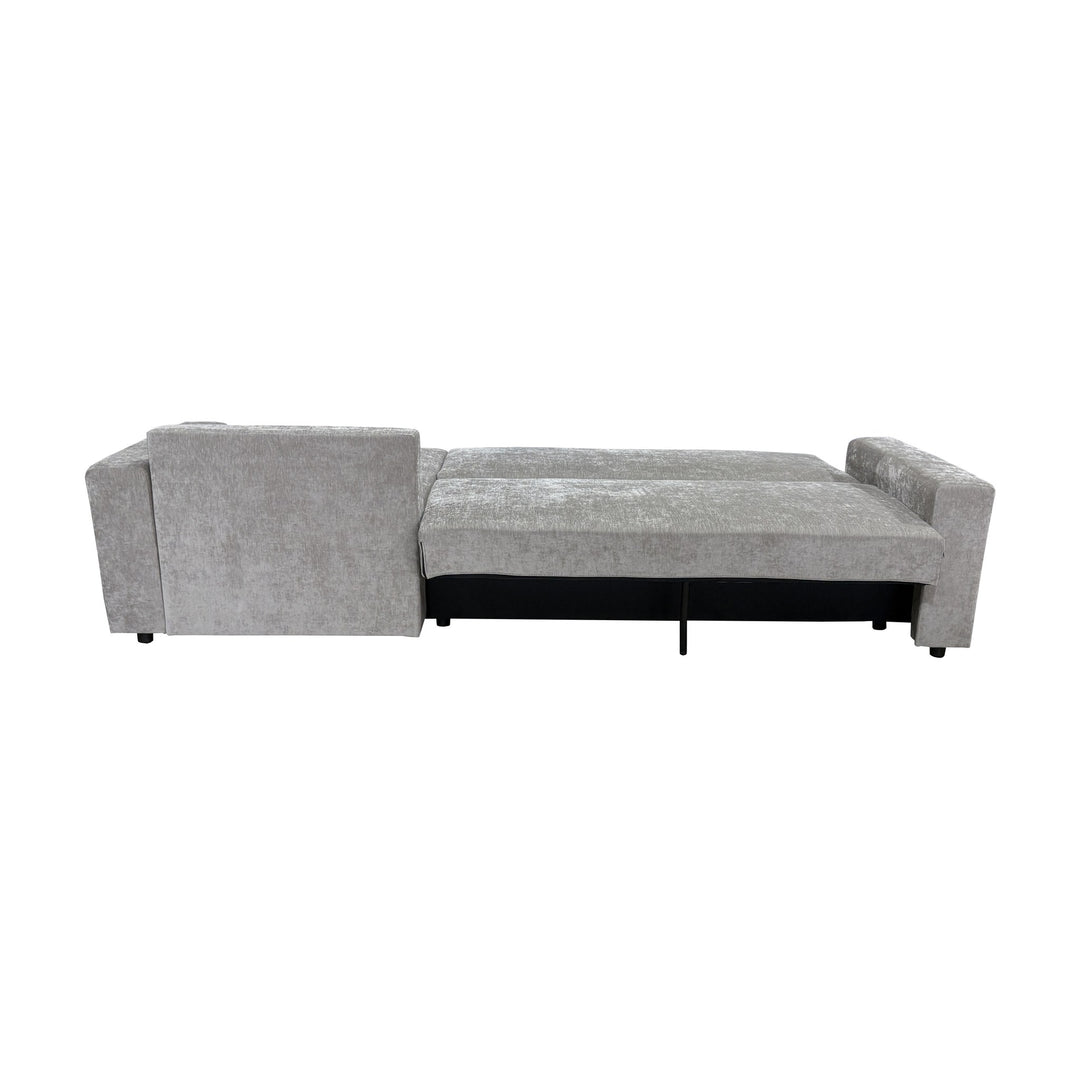 Cozy sovesofa i greige, slått ut til seng sett skrått bakfra