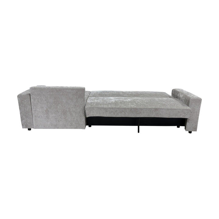 Cozy sovesofa i greige, slått ut til seng sett skrått bakfra