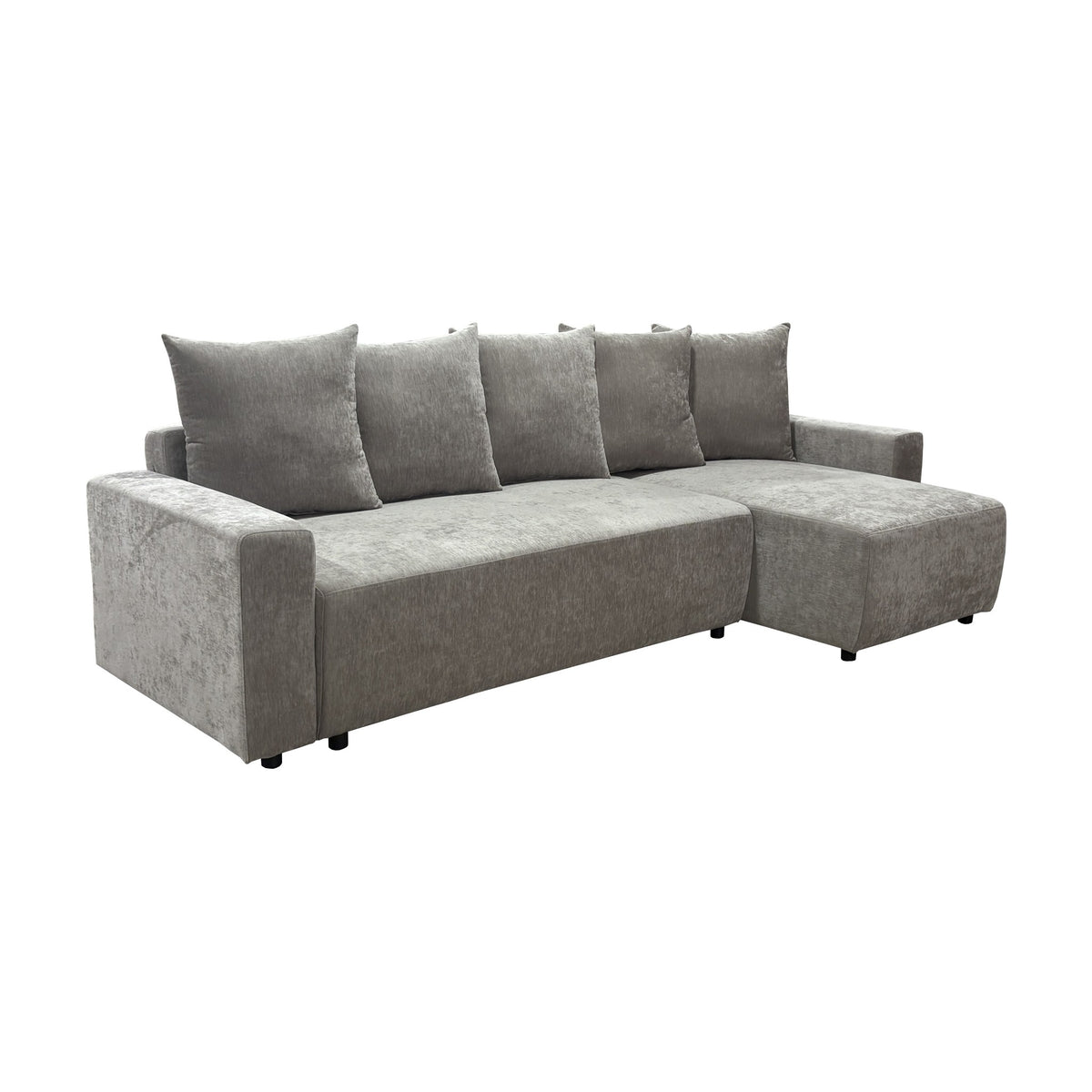 Cozy sovesofa i greige chenille, hjørnesofa med sjeselong og ryggputer