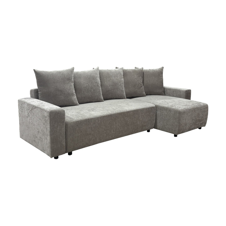Cozy sovesofa i greige chenille, hjørnesofa med sjeselong og ryggputer