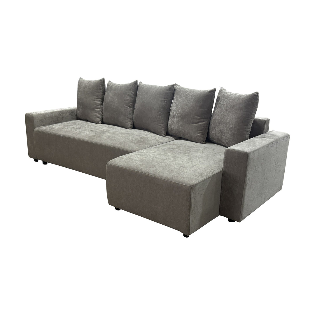 Cozy sovesofa i greige, sett bakfra med løse ryggputer