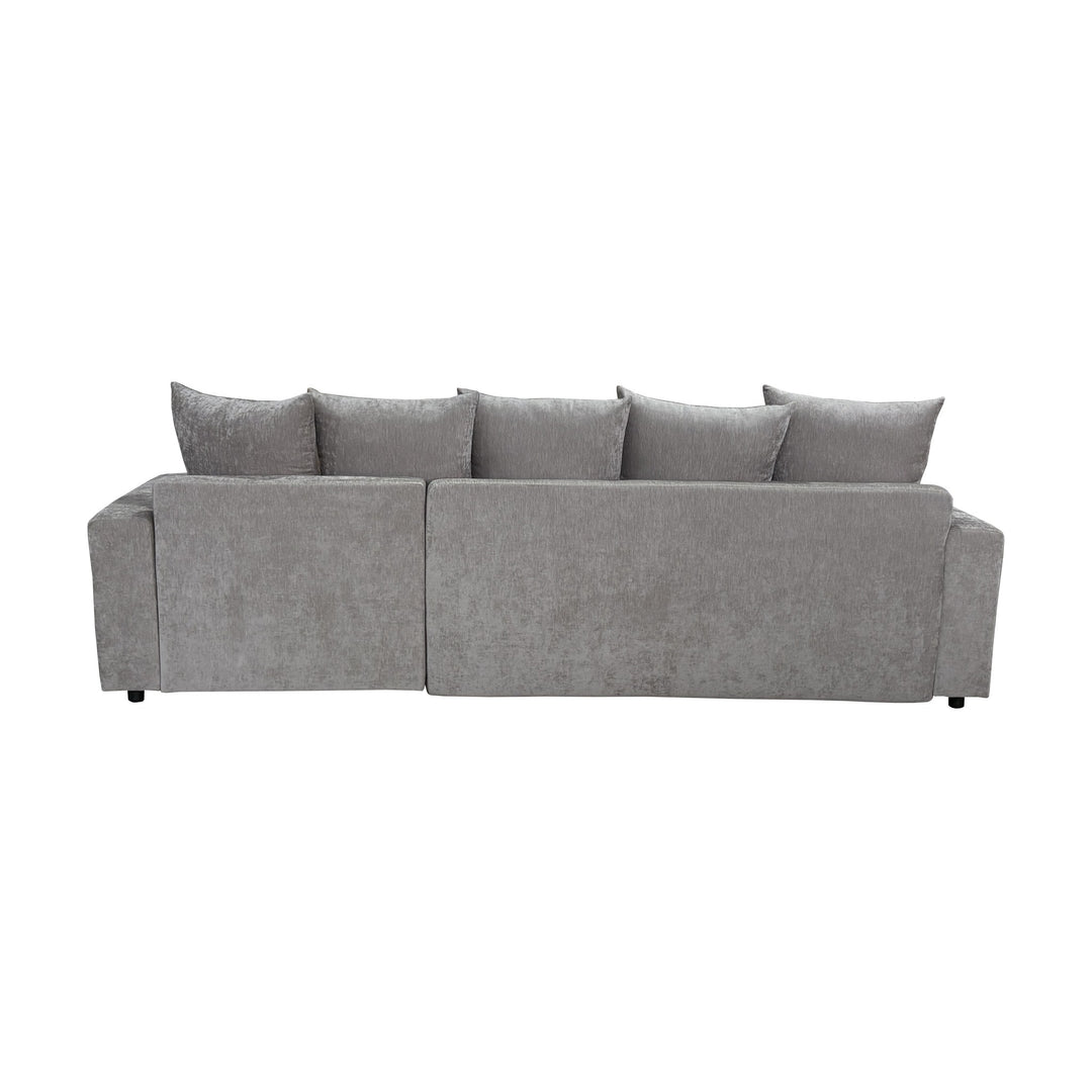 Cozy sovesofa i greige, slått ut til seng sett fra siden