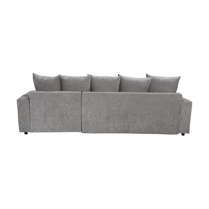 Cozy sovesofa i greige, slått ut til seng sett fra siden