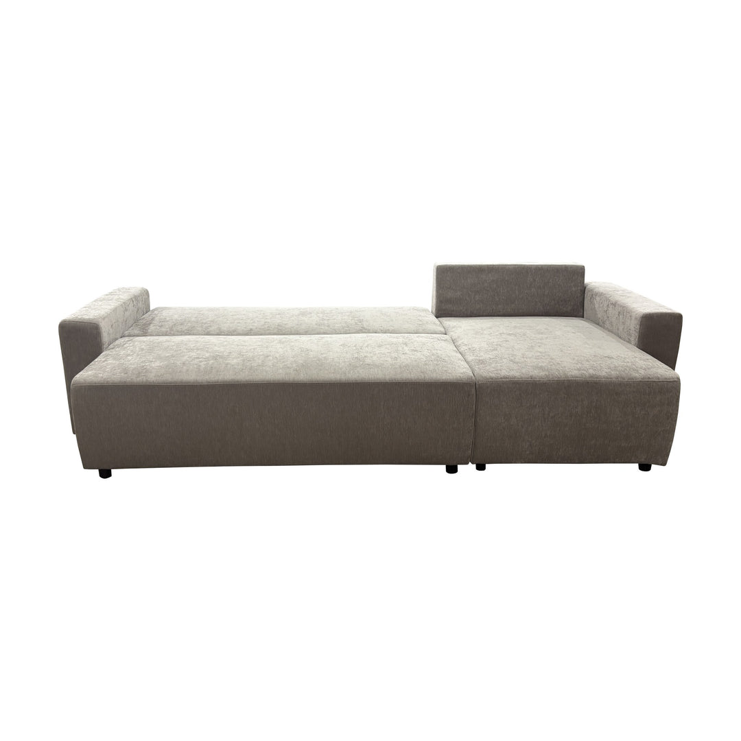 Cozy sovesofa i greige, slått ut til seng sett skrått bakfra