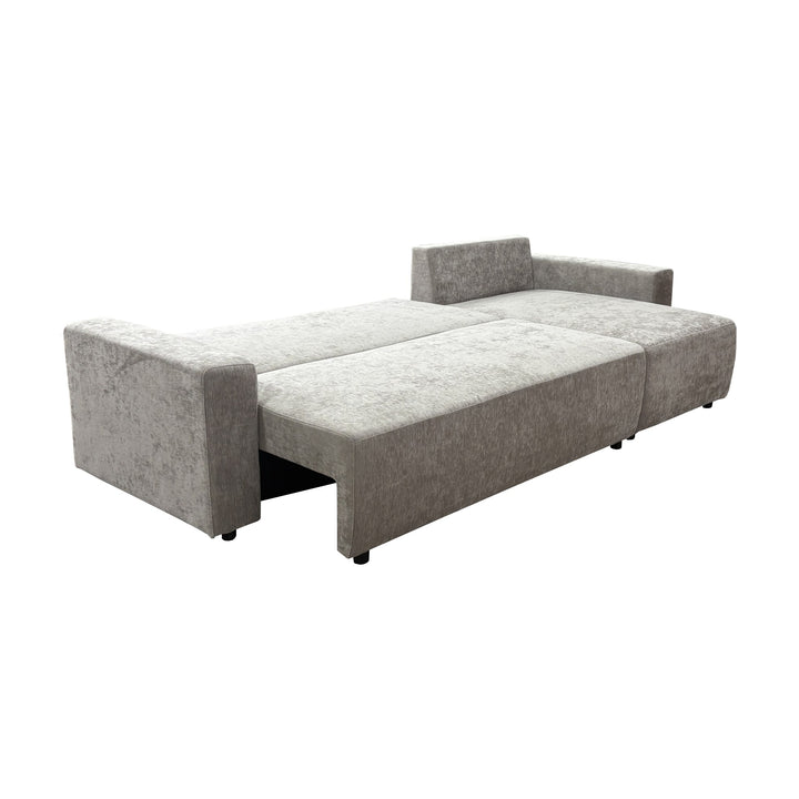 Cozy sovesofa i greige, slått ut til seng sett skrått