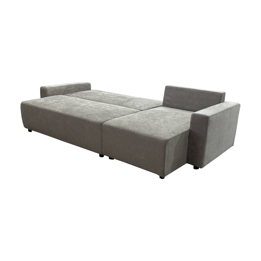 Cozy sovesofa i greige, slått ut til seng sett bakfra