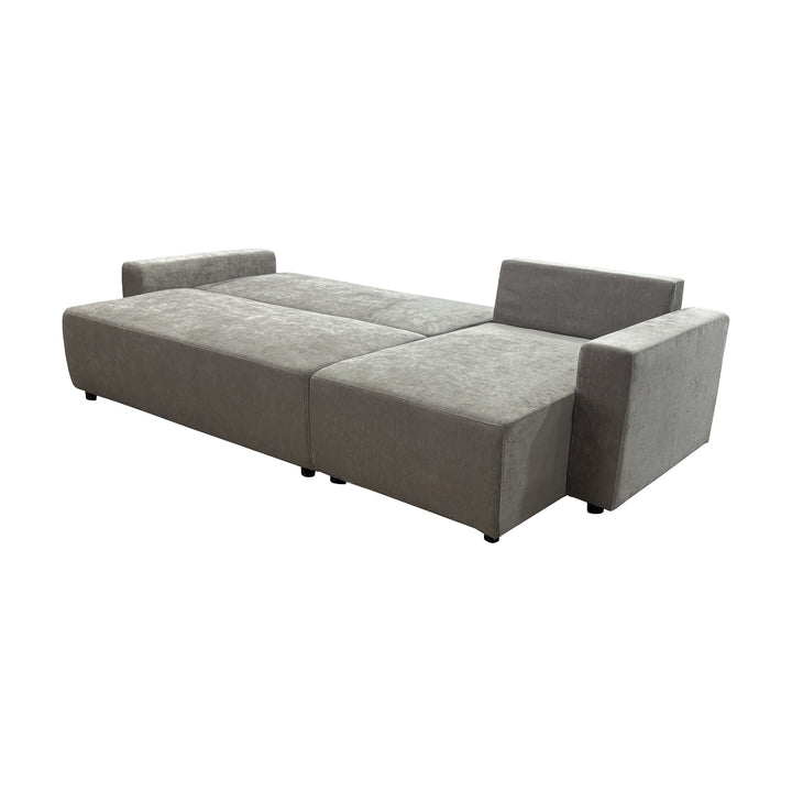 Cozy sovesofa i greige, slått ut til seng sett bakfra