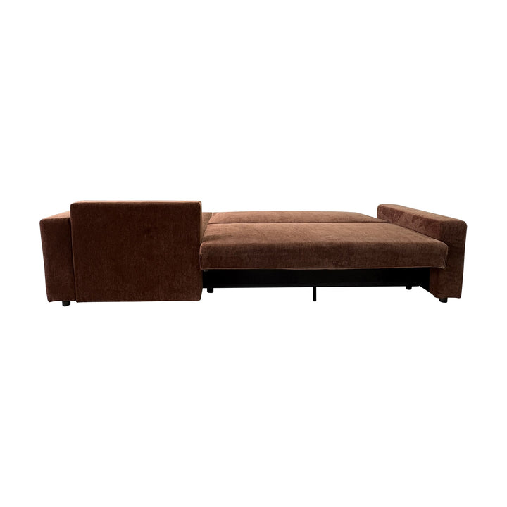 Cozy sovesofa i rustbrun, slått ut til seng sett fra siden