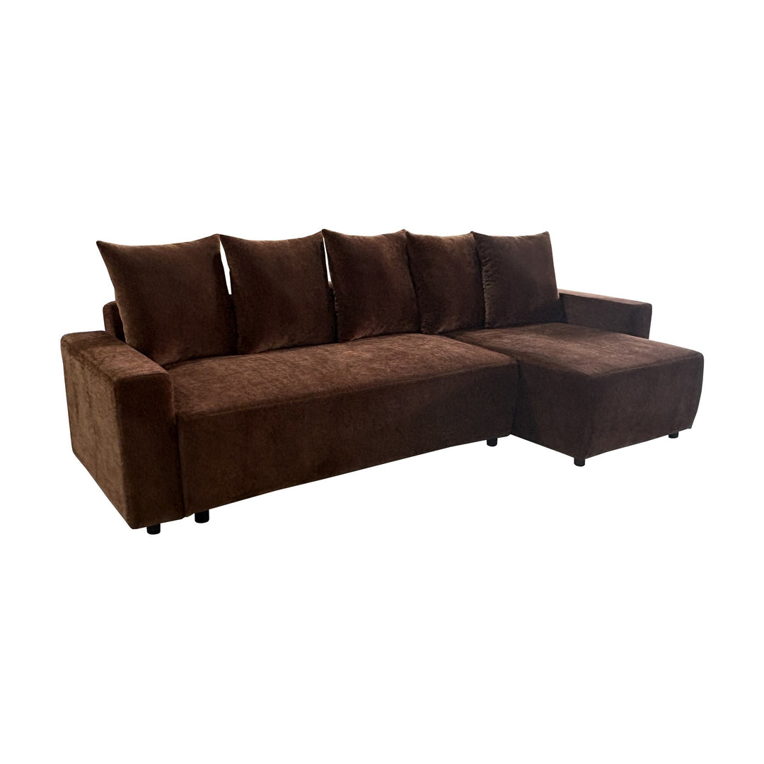 Cozy sovesofa i rustbrun chenille, hjørnesofa med sjeselong og ryggputer