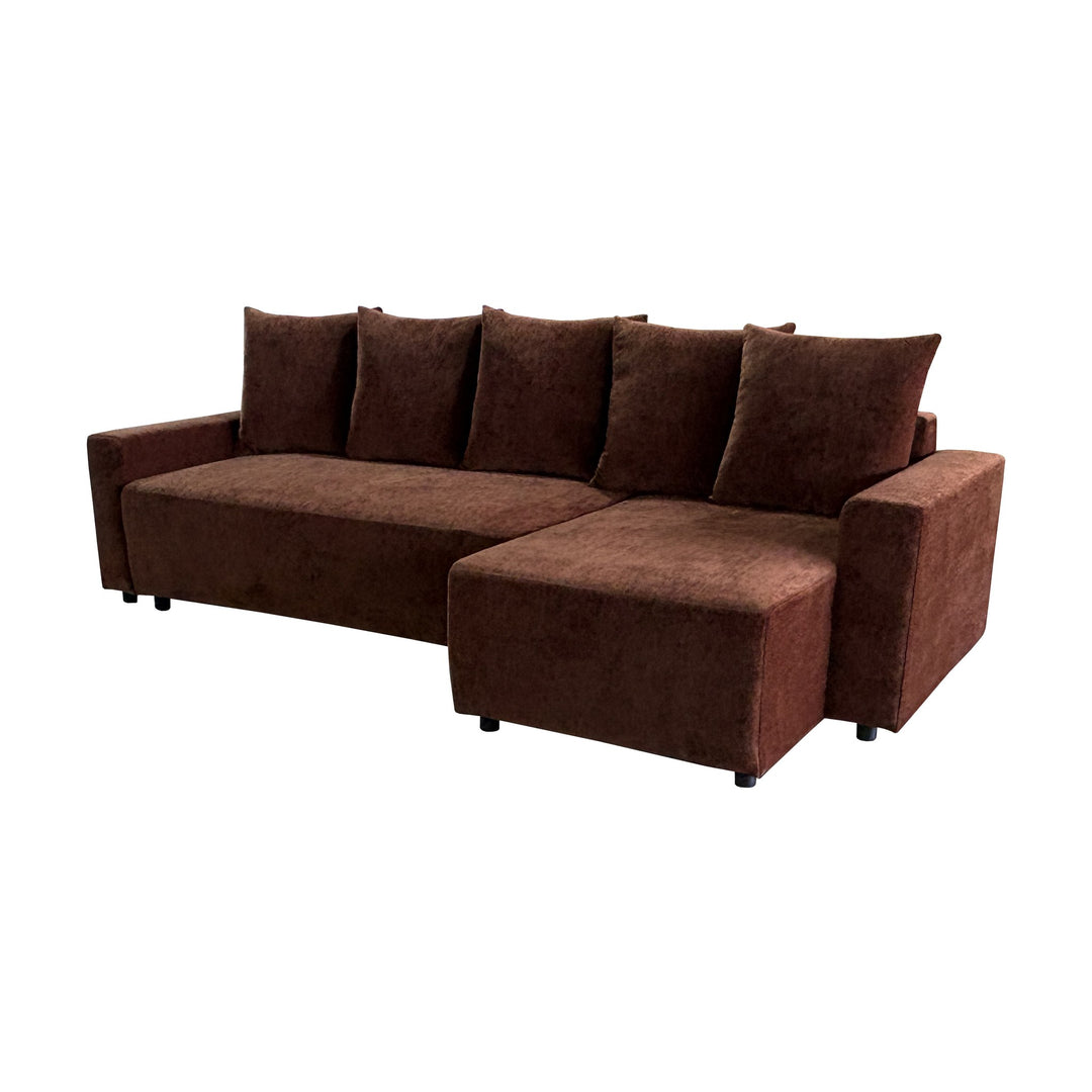Cozy sovesofa i rustbrun, hjørnesofa med sjeselong sett skrått forfra