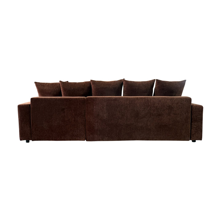 Cozy sovesofa i rustbrun, sett bakfra med løse ryggputer