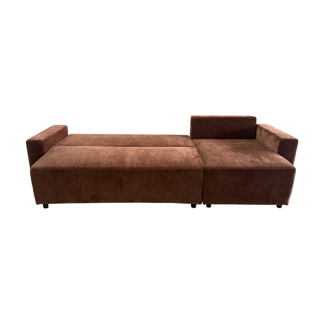 Cozy sovesofa i rustbrun, slått ut til seng sett fra siden
