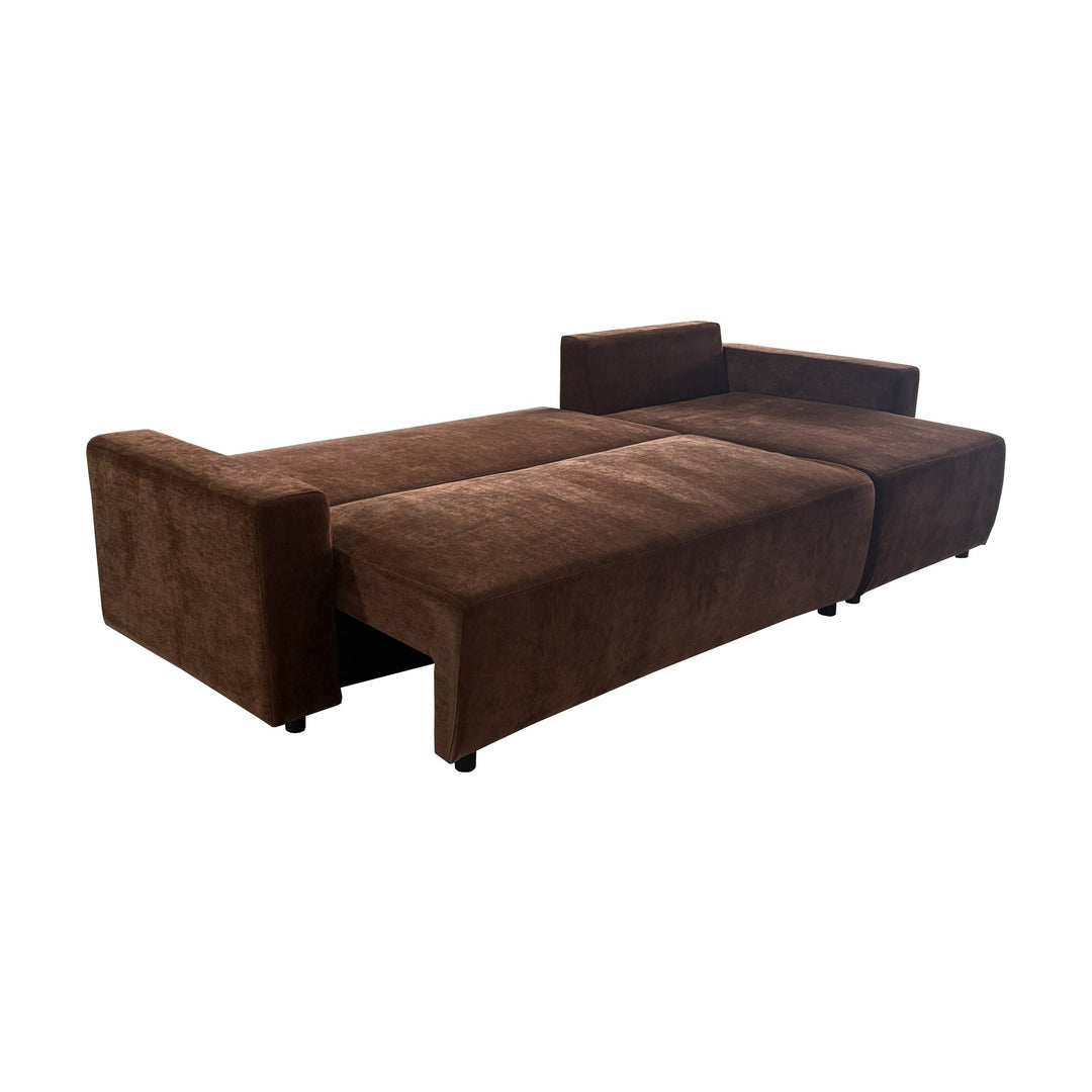 Cozy sovesofa i rustbrun, slått ut til seng sett skrått