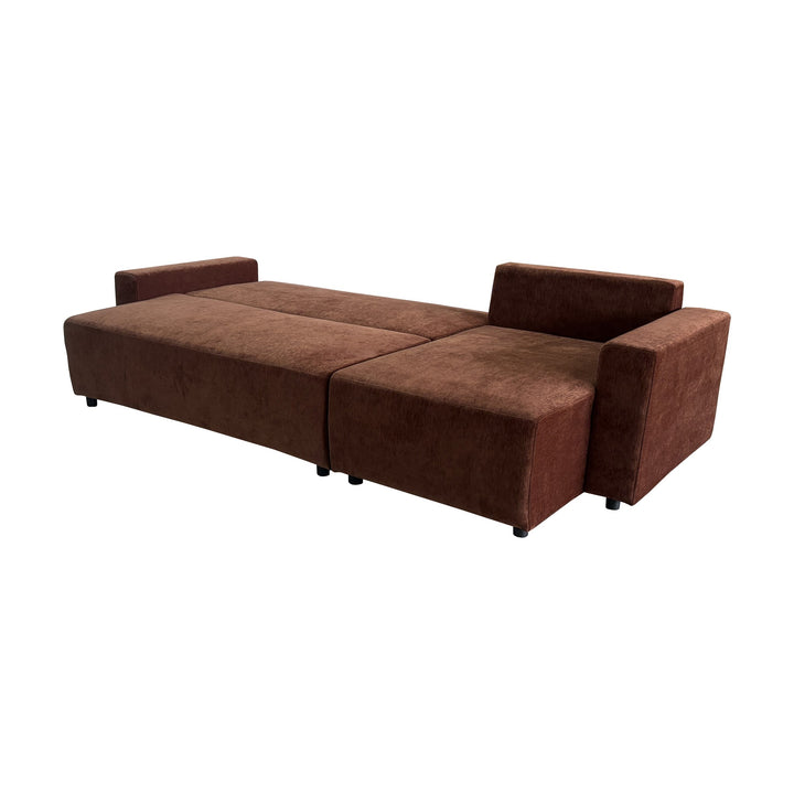 Cozy sovesofa i rustbrun, slått ut til seng sett skrått bakfra