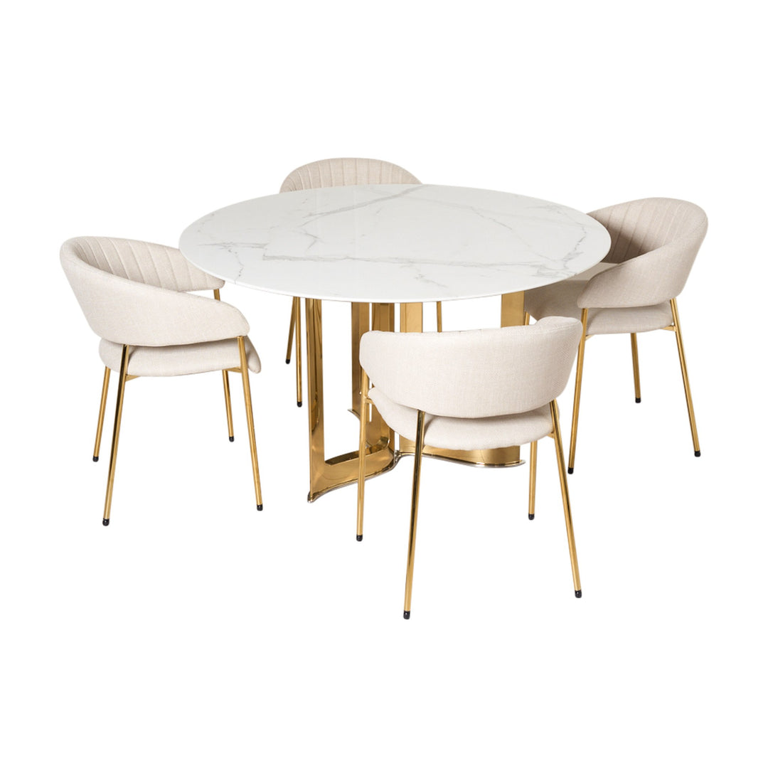 Pisa spisebord, rundt med hvit marmorplate og gullunderstell, med fire beige stoler