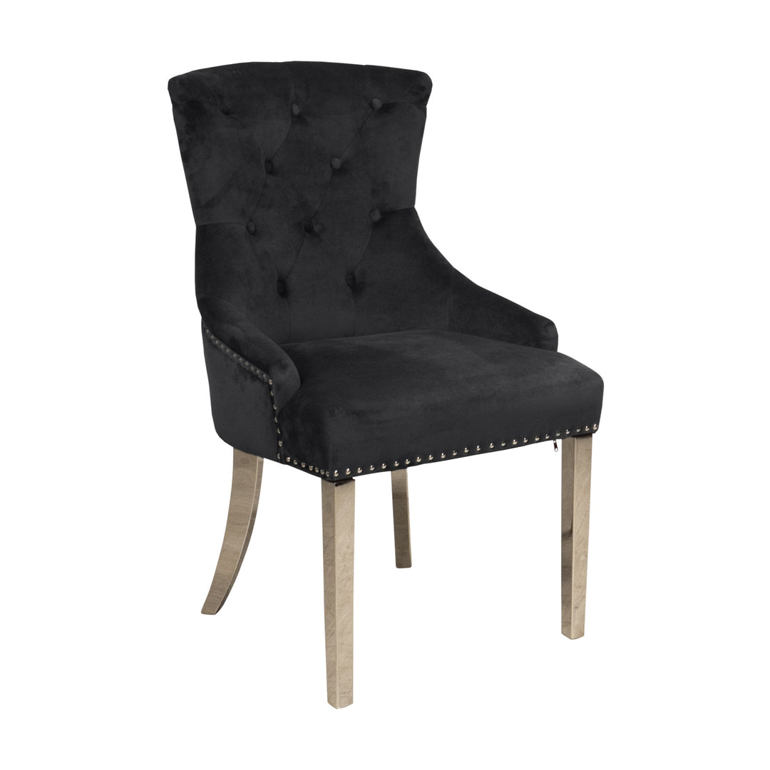 Megan spisestol i sort velour med knappetrukket rygg og forkrommede ben