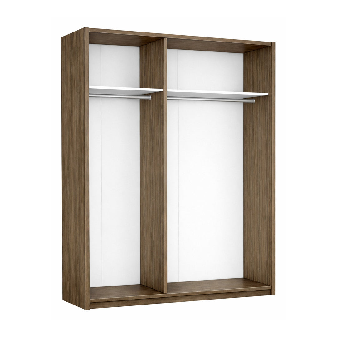 Shape skyvedørsskap i smoked oak med hvit innside, kabinett uten dører med to seksjoner og hengestang.