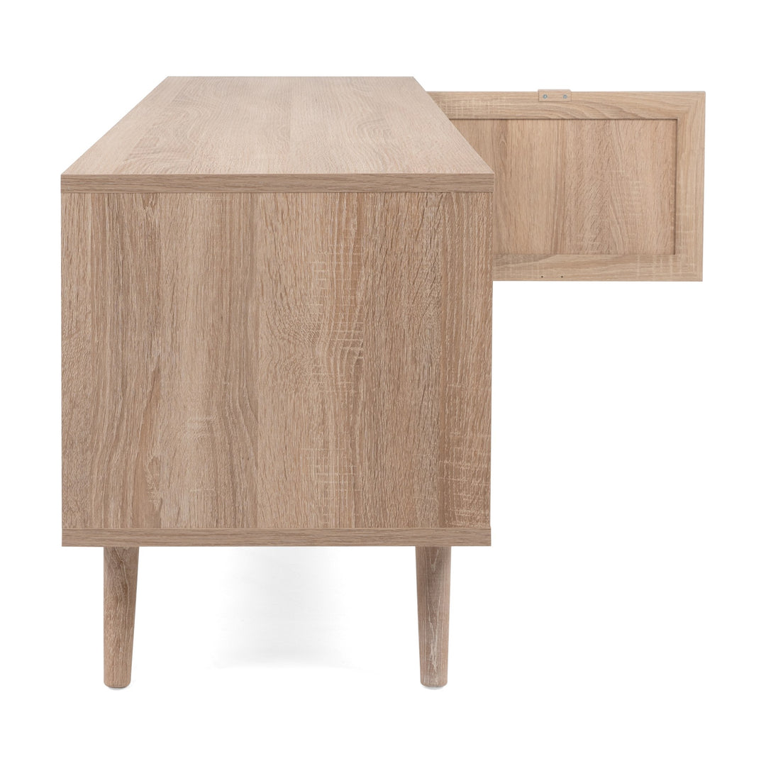Bali TV-benk i lys eik sett fra siden med åpen dør