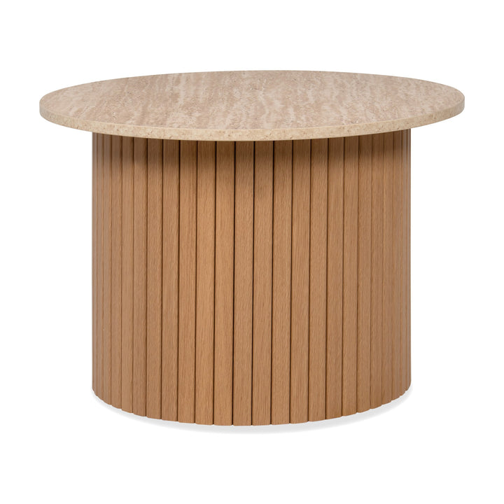 Laos sofabord, rundt, med beige steintopp og rillet eikesokkel.