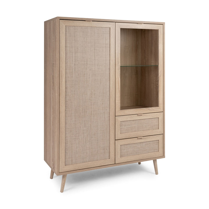 Bali highboard i lys eik med rottingdør, glassvitrine og to rottingskuffer